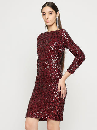 Madame Boat Neck Maroon Printed Bodycon Dress