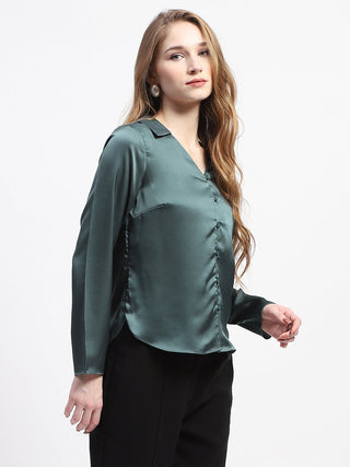 Madame Satin Bell Sleeve Collared Solid Jade Green Top