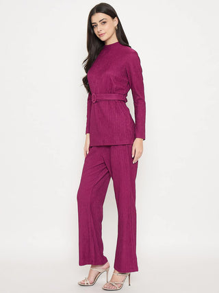 Madame Ribbed Belted Top and Bottom Plum Co-Ord Set