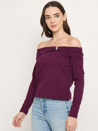 Madame Wine Red Ruched Off Shoulder Top