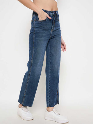 Madame Whiskered Cotton Blend Mid Blue Denim Jeans