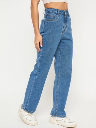 Madame Acid Wash Mid Blue Cotton Blend Straight Jeans