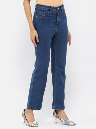 Madame Solid Mid Blue Wide Leg Jeans