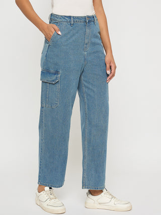 Madame Wide Leg Light Blue Cotton Denim Cargo