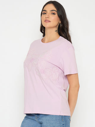 Madame Embellished Lilac Cotton T-shirt