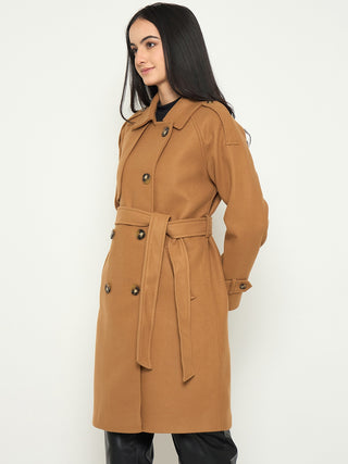 Madame Shirt Collar Khaki Long Coat with Buttons and Belt