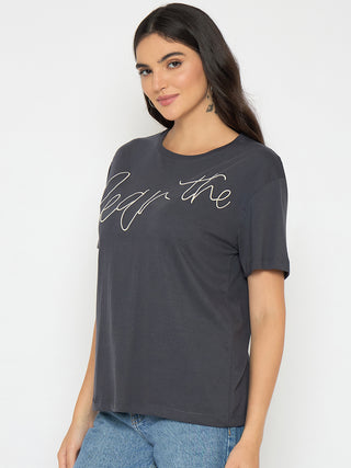 Madame Typography Print Charcoal Black Cotton T-shirt