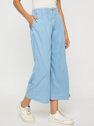 Madame Pintuck Detailed Cotton Blend Light Blue Wide Leg Jeans