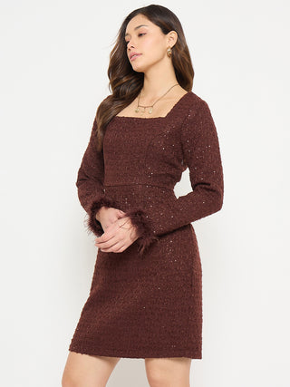 Madame Brown Bodycon Dress with Feather Trim Sleeves