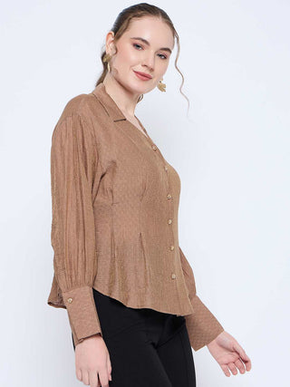Madame Solid Tan Wing Neck Button Down Cuff Sleeve Shirt