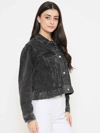 Madame Gray Wash Embellished Black Denim Jacket