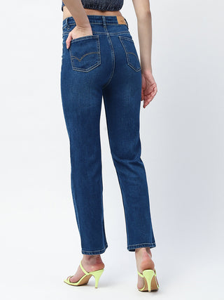 Madame Whiskered Straight Fit Dark Blue Cotton Blend Jeans