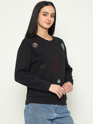 Madame Printed Black Sweatshirt with Crew Neckline