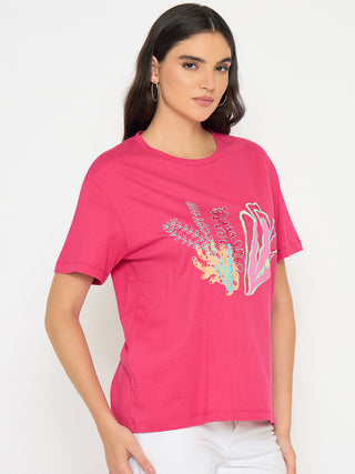 Madame Embroidered Hot Pink Cotton T-shirt