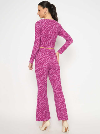 Madame Animal Print Zipped Top and Flared Bottom Pink Co-Ord Set