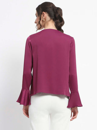 Madame Solid Plum Ruffle Sleeve Satin Top