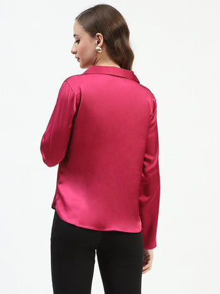 Madame Satin Bell Sleeve Collared Solid Fuschia Top