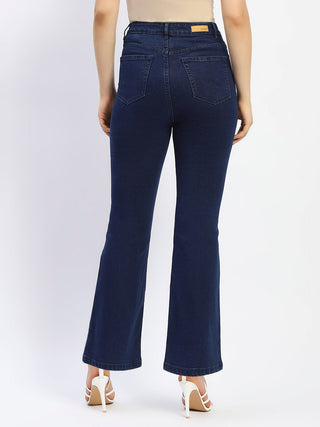 Madame Flared Solid Blue Cotton Blend Denim
