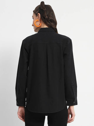 Madame Grey Wash Solid Black Button Down Denim Shirt
