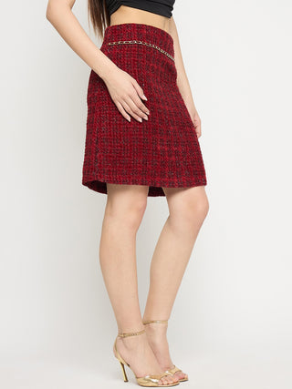 Madame Maroon Textured Tweed Mini Skirt