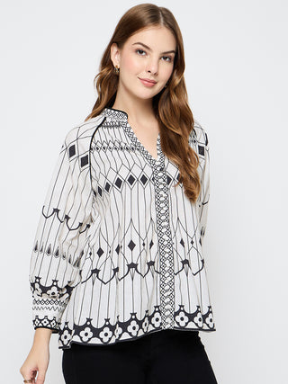 Madame Floral Print Cotton Blend Black Top