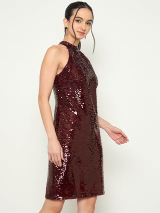 Madame Halter Neck Maroon Bodycon Shimmer Dress