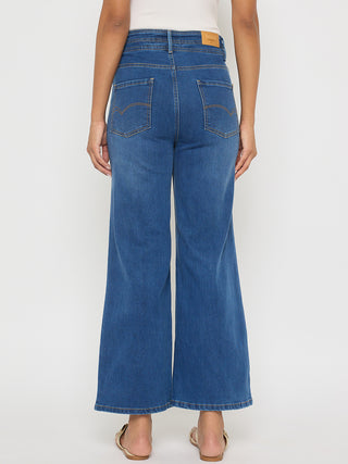 Madame Double Waisted Whiskered Wide Leg Mid Blue Jeans