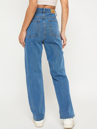Madame Acid Wash Mid Blue Cotton Blend Straight Jeans