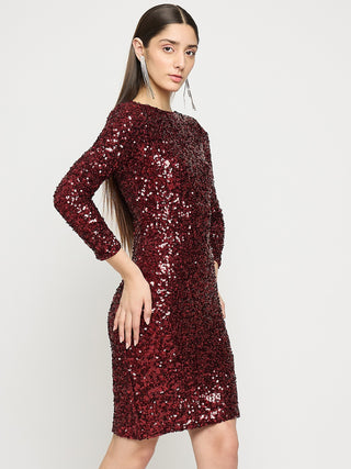 Madame Boat Neck Maroon Printed Bodycon Dress