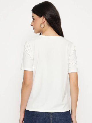 Madame Henley Neck Solid White T-Shirt