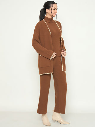 Madame Three Piece Solid Brown Knit Co-ord Set