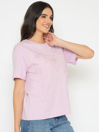 Madame Embellished Lilac Cotton T-shirt