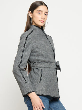 "Madame Wrap Style Belted Grey Coat