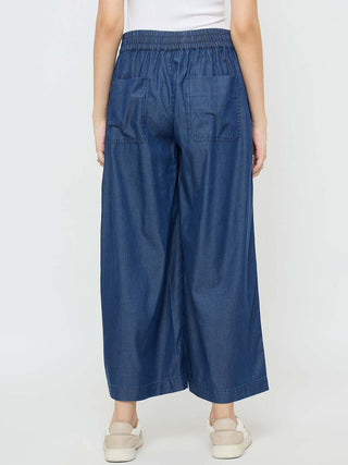 Madame Pintuck Detailed Cotton Blend Mid Blue Wide Leg Jeans