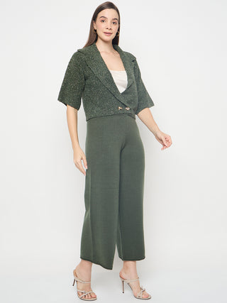 Madame Textured Coat with Solid Top and Bottoms Olive Green Co-ord Set