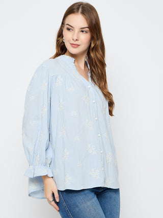 Madame Floral Print Cotton Blend Powder Blue Top
