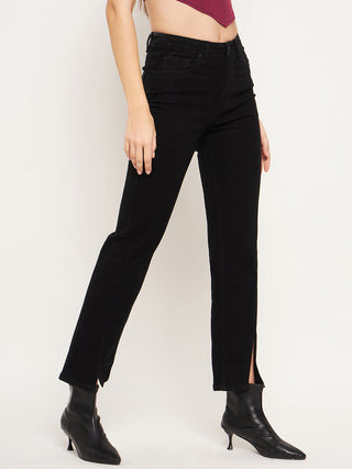 Madame Front Slit High-Rise Straight Black Jeans