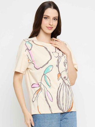 Madame Abstract Print Cotton Beige Half T-shirt