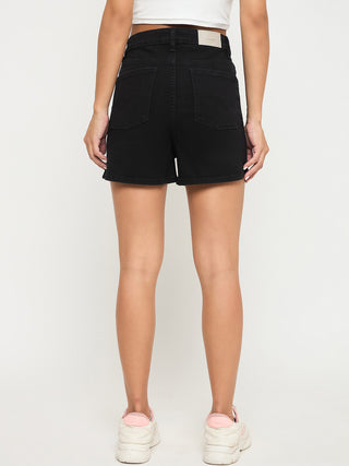 Madame Cotton Blend Solid Black Denim Shorts