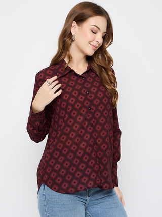 Madame Geometric Print Wine Red Shirt