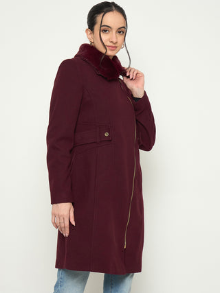 Madame Shirt Collar Maroon Long Coat