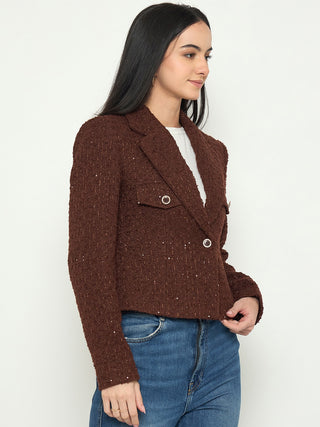 Madame Front Flap Pockets Textured Brown Blazer