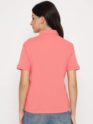 Madame Graphic Print Adorned Cotton Blend Coral Polo T-shirt