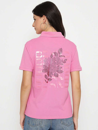 Madame Print Adorned Cotton Blend Pink  Polo T-shirt
