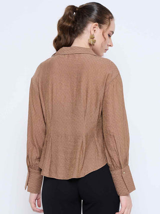 Madame Solid Tan Wing Neck Button Down Cuff Sleeve Shirt