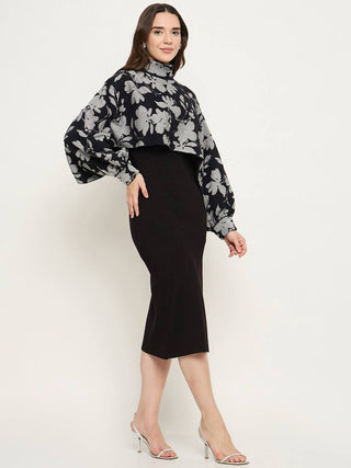 Madame Floral Print Sweater and Solid Dress Black Knitted Co-ord Set