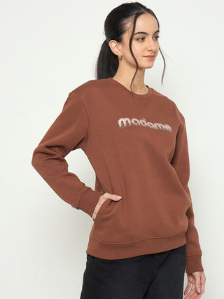 Madame Crew Neck Printed Brown Sweatshirt