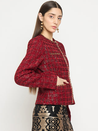Madame Round Neck Embellished Maroon Tweed Coat