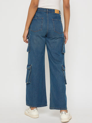 Madame Multi Pocketed Mid Blue Cotton Denim Cargo