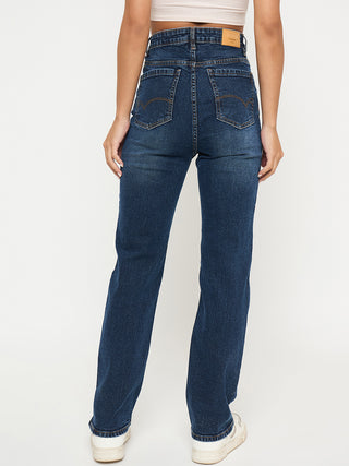 Madame Whiskered Dark Blue Cotton Blend Straight Jeans